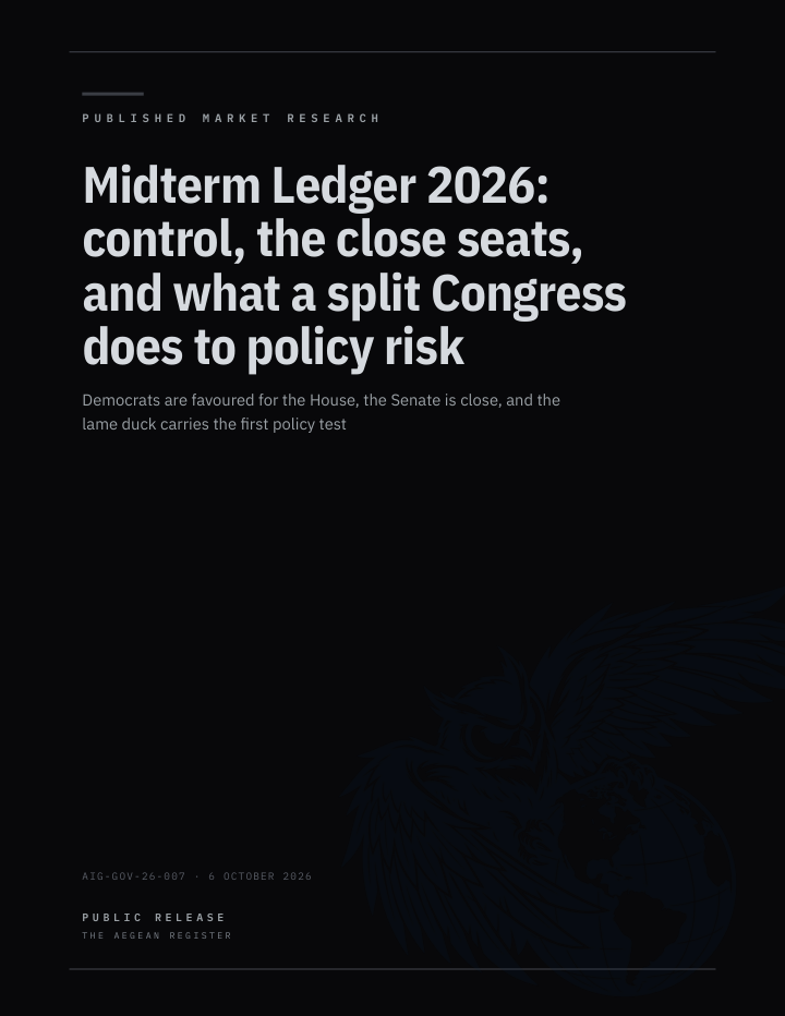 Midterm Ledger 2026: control, the close seats, and what a split Congress does to policy risk cover